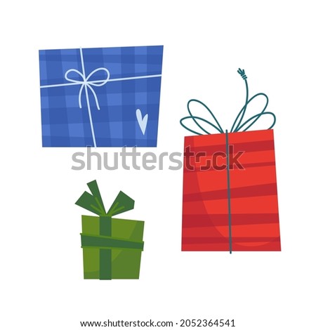 A set of gifts for the new year, christmas or birthday in cartoon childish flat style. Vector illustration of gifts in red, blue and green box