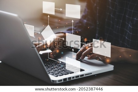 Businessman using a computer  analysis for process and workflow automation with flowchart, a businessman in background Royalty-Free Stock Photo #2052387446