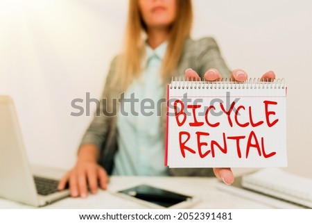 Text caption presenting Bicycle Rental. Business idea a business which rents out bikes to tourists or travellers Financial Advisor Giving Money Saving Tips, Entrepreneur Discussing Deals