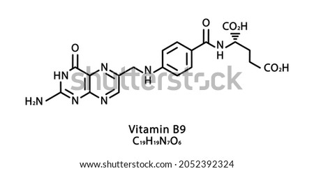 Vitamin B9 Folic acid molecular structure. Vitamin B9 Folic acid skeletal chemical formula. Chemical molecular formulas Royalty-Free Stock Photo #2052392324