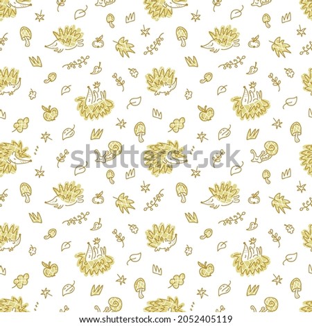 Delicate seamless autumn pattern with checkered hedgehogs. Perfect for T-shirt, textile and prints. Hand drawn illustration for decor and design.