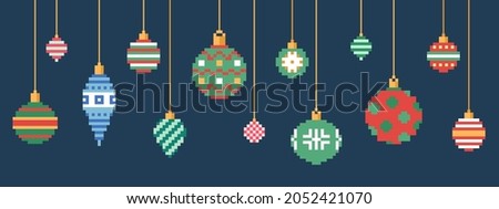 Pixel art Christmas ornaments set. Vector 8 bit style collection of Christmas bauble toys decorations. Isolated elements of retro video game computer graphic.