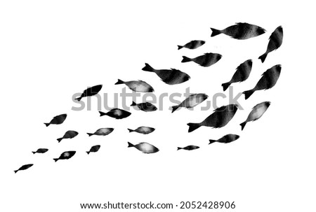 Silhouettes of groups of  fishes on white. Watercolor. Black and white