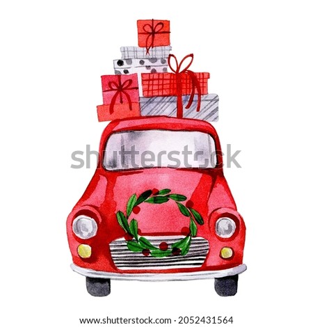 watercolor drawing. christmas car. cute red car with Christmas wreath and gifts. isolated on white background clipart