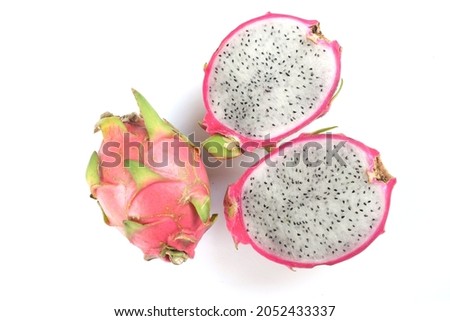 Ripe pink dragon fruit and pitaya whole and cut isolate on a white background.Fruits for health and vegetarian, summer fruit.top view and close up