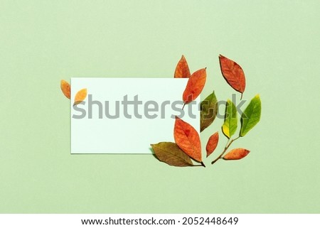 Autumn composition with empty white paper for text and red orange autumn leaves on pastel green color background. Minimal flat lay, fall concept. Copy space