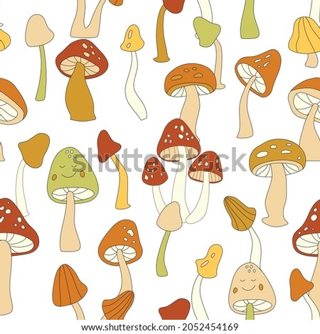 70s retro mushroom vector seamless pattern. Groovy vintage floral repeat pattern with fungi, fly agaric. Cute mushroom hippie print for wallpaper, banner, fabric, wrapping. Abstract background