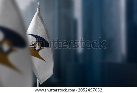 Small flags of Eurasian Economic Union on a blurry background of the city Royalty-Free Stock Photo #2052457052