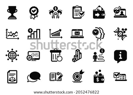 Vector Set of Education icons related to Chart, Messenger and Online chemistry icons. Award cup, Report statistics and Target goal signs. Wallet, E-mail and Diagram chart. Approved award. Vector Royalty-Free Stock Photo #2052476822