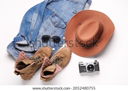 Set of male accessories on white background