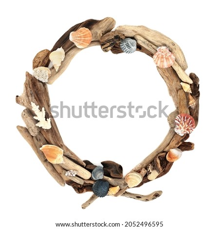 Natural driftwood and sea shell abstract wreath isolated on white background. Creative minimal nature design element flat lay top view. copy space. 