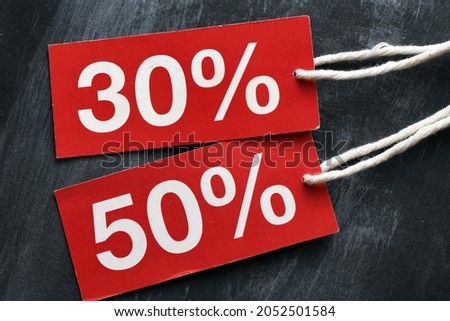 30% 50% red tags, promotion, sale or bonus. Concept for business.