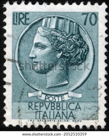 Postaage stamps of the Italy. Stamp printed in the Italy. Stamp printed by Italy. Royalty-Free Stock Photo #2052510359