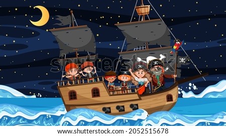 Ocean scene at night with Pirate kids on the ship illustration