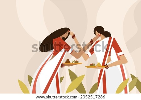 Illustration of women applying vermilion on each others face as part of the Vijayadashami festival Royalty-Free Stock Photo #2052517286