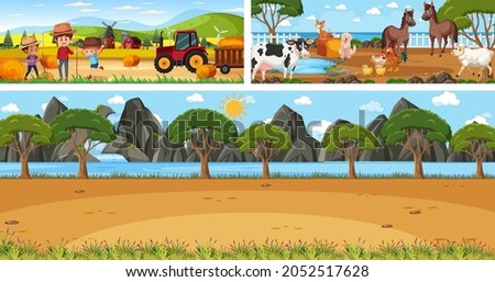 Set of different outdoor landscape scenes with cartoon character illustration