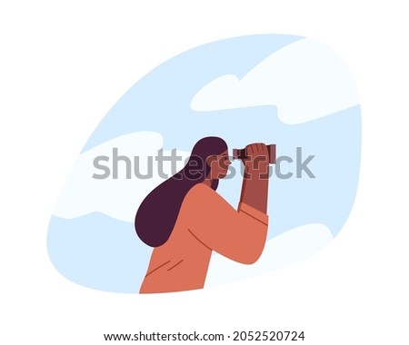 Person looking forward in future with binoculars, searching direction, opportunities and solutions, focusing on aim. Aspirations concept. Flat vector illustration isolated on white background Royalty-Free Stock Photo #2052520724