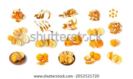 Fresh and Dry Orange Peel Set Isolated on White Background. Citrus Skin, Zest Pieces Big Collection Royalty-Free Stock Photo #2052521720