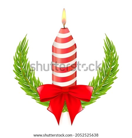 Christmas candle with stripes, bow and fir branches. Design elelement for New Year greeting cards. Isolated and editable vector illustration