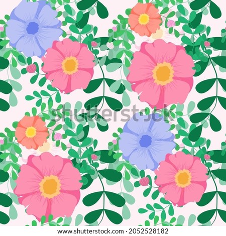 Floral seamless pattern with garden and wild flowers brunch bouquet. Print with various blooming plants with stems and leaves. Vector in flat naive style. 