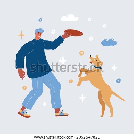 Cartoon vector illustration of a dog catching a disc. Man play with his dog on white background.