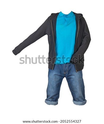 Denim dark blue shorts,blue t-shirt with collar on buttons and black sweatshirt with zipper and hood  isolated on white background