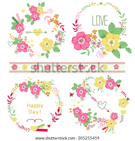 Set of cute floral bouquets, retro roses, isolated. Wedding, birthday, celebration card template.