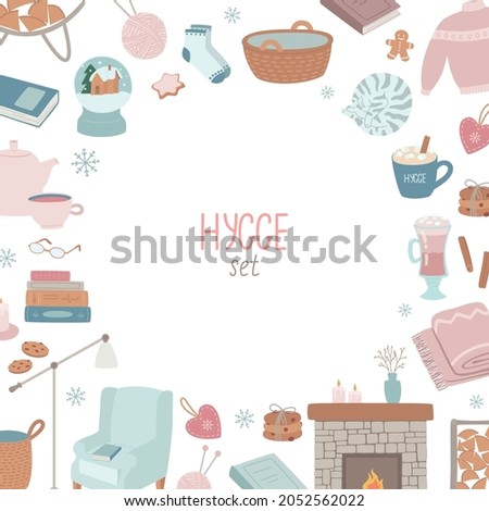 Set of interior items isolated on white, hugge, cozy home, with copy space for your text. Armchair, cups, a blanket, a basket, cookies, a book and more. The concept of coziness and comfort, vector