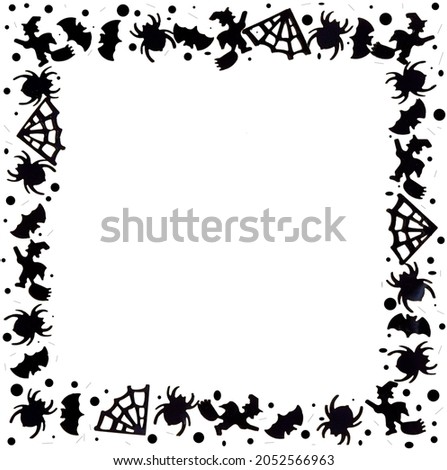 Black and white background for Halloween. A frame of simple shapes with space for text. Black spiders, cobwebs, bats, witches on a broom, dots, spots. Frame for holiday design.