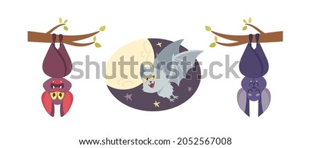 Set Cute Bats, Vampire Comic Animals, Halloween Characters, Cartoon Funny Personages with Smiling Muzzle Hang Upside Down or Flying Isolated on White Background. Vector Illustration Icons Collection