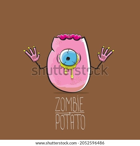 vector funny cartoon cute pink zombie potato character isolated on brown background. My name is zombie potato vector concept Halloween background. monster vegetable funky character