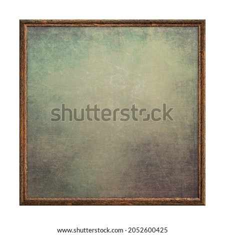 Wooden frame. Empty square frame with green abstract fill texture isolated on white background. Blank frame. Signboard mockup. Old frame. Bulletin board.