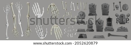 Set of skeleton hands rising from under the ground and torn apart. realistic drawing isolated on white background. EPS10 vector illustration