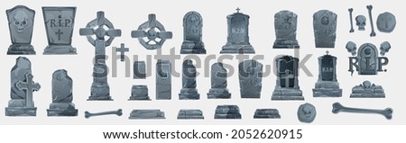 Gravestones set. Old Tomb Collection. Ancient RIP. Collection of gravestones. Concept cartoon gravestone in different. Halloween elements set. Grave on white background Royalty-Free Stock Photo #2052620915