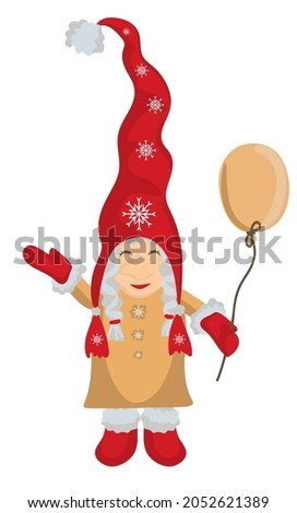 Christmas little gnome with balloon isolated on white background. Vector decoration