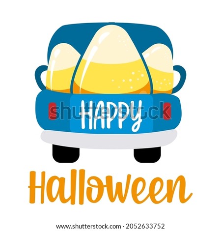 Happy Halloween - Pickup truck delivers candy corn. Design for markets, restaurants, flyers, cards, invitations, stickers, banners. Cute hand drawn hayride or old pickup truck.