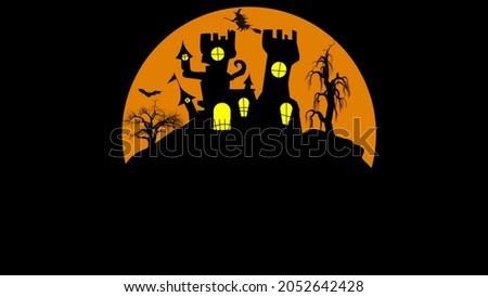 Halloween Fullmoon Banner, Witch, Haunted House, Pumpkins and Bats.