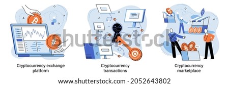 Cryptocurrency exchange platform, bitcoin transactions, cryptocurrency marketplace for exchange of Bitcoin and digital currencies vector set. People working on laptop computers and giant crypto coins