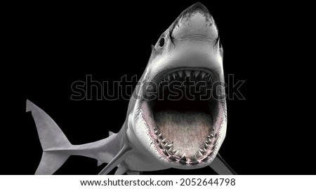 White shark marine predator with big open mouth and teeth black background
