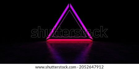 Glowing neon pyramid in dark space. Glowing triangle on the background of a concrete wall. 3D render.