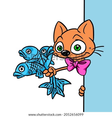 Cat cheerful bouquet of fish congratulation joy character surprise postcard 