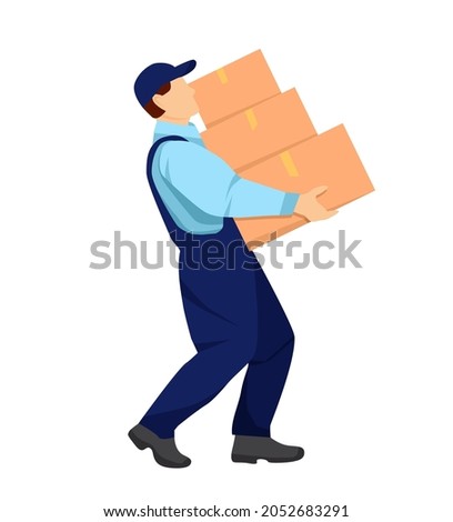 Mover carries heavy boxes in his hands. Relocation. Transport company. Moving service. Service delivery. Cartoon vector illustration in flat style. Royalty-Free Stock Photo #2052683291