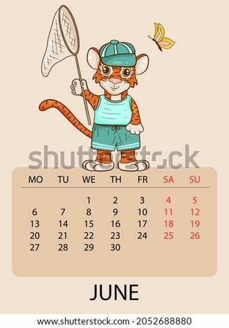 Calendar design template for June 2022, the year of the tiger according to the Chinese or Eastern calendar, with an illustration of tiger with butterflies. Table with calendar for June 2022. Vector