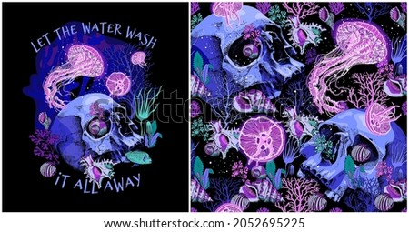 Collection of one print and one seamless pattern. Bright Psychedelic skulls. Underwater world. Jellyfishes, Corals and shells. Textile composition, hand drawn style print. Vector illustration.