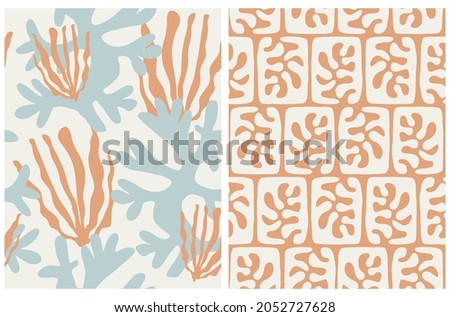 Abstract Sea Flora Seamless Vector Patterns. Blue and Orange Hand Drawn Corals Isolated on a Beige Background. Floral Irregular Print Ideal for Fabric, Textile, Wrapping Paper.Underwater Garden Print. Royalty-Free Stock Photo #2052727628