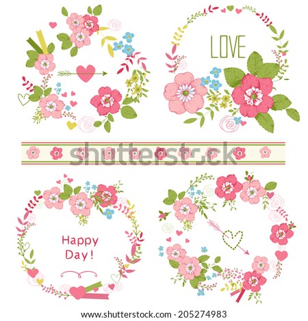 Set of cute floral bouquets, retro roses, isolated. Wedding, birthday, celebration card template.