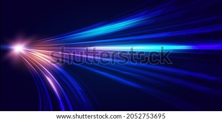 Modern abstract high-speed movement. Dynamic motion light trails on dark blue background. Futuristic, technology pattern for banner or poster design background concept. Royalty-Free Stock Photo #2052753695