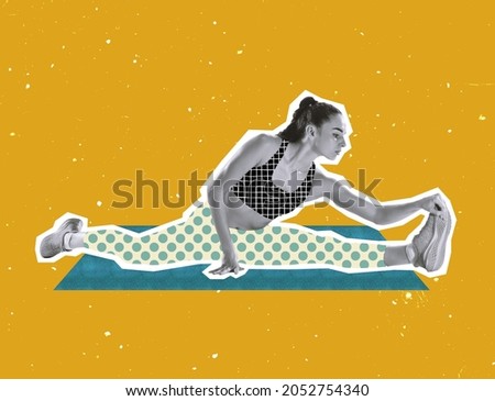 Sport activity. Creative artwork of professional female sportsman with drawn uniform elements doing strething over yellow background. Concept of sport, motion, strength, hobby, youth, health, ad Royalty-Free Stock Photo #2052754340