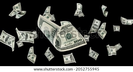 Money stack. Hundred dollars of America. Falling money isolated, us bill black background