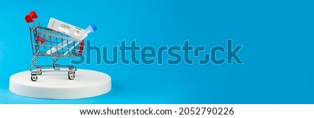 Banner. Buy express antigen test for coronavirus covid 19 self-check at home. Laboratory corona rapid test device. Shopping pharmacy concept. Negative result. Set with medical swab nose sticks, tube  Royalty-Free Stock Photo #2052790226